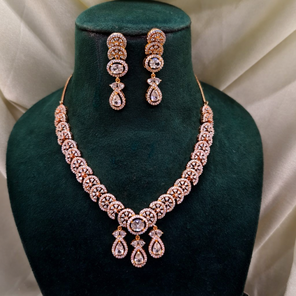 Elegant Rose Gold Diamond Necklace Set – Bridal & Party Wear